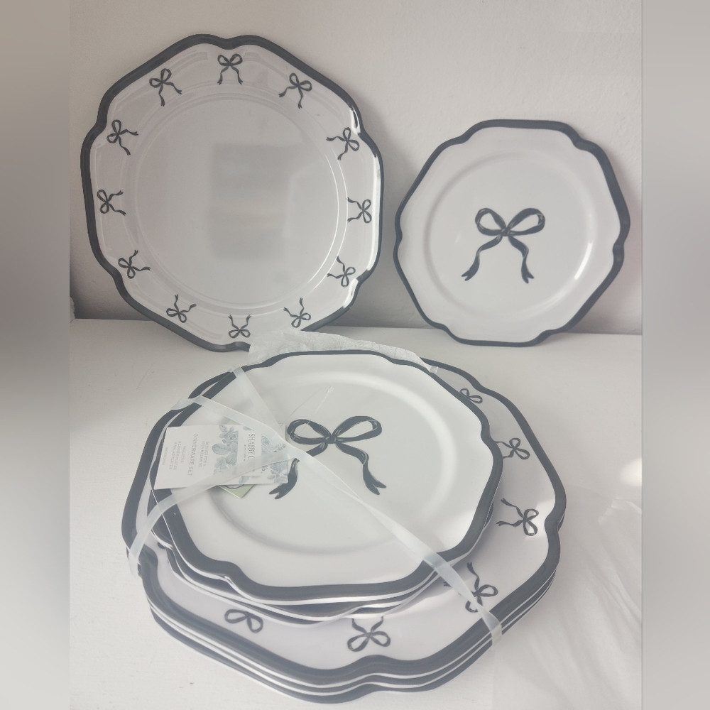 Shabby Chic Melamine Elegant Black and White W/ Bow Dinnerware Set Service For 4